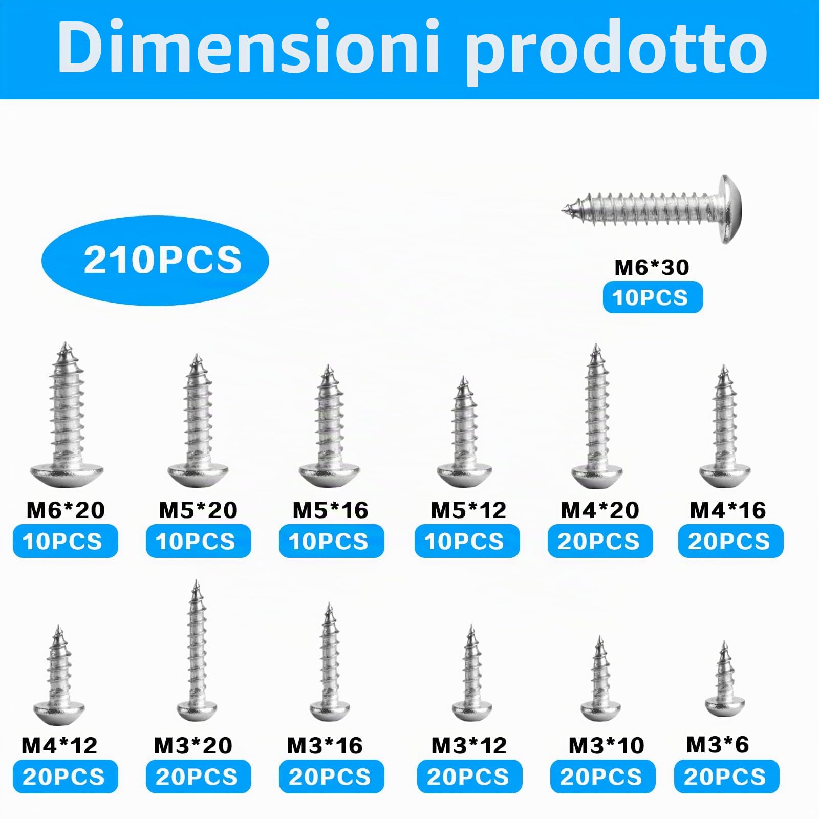 210 Pezzi Viti Autofilettanti Per Legno | M3 M4 M5 M6, Phillips a Testa Piatta, Viti a Testa a Croce per Metallo Cartongesso.