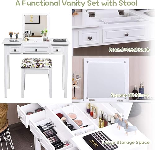 Miniatura 8 de CHARMAID Escritorio de tocador de maquillaje con espejo abatible superior, 3 cajones, 7 compartimentos de almacenamiento, escritorio blanco de