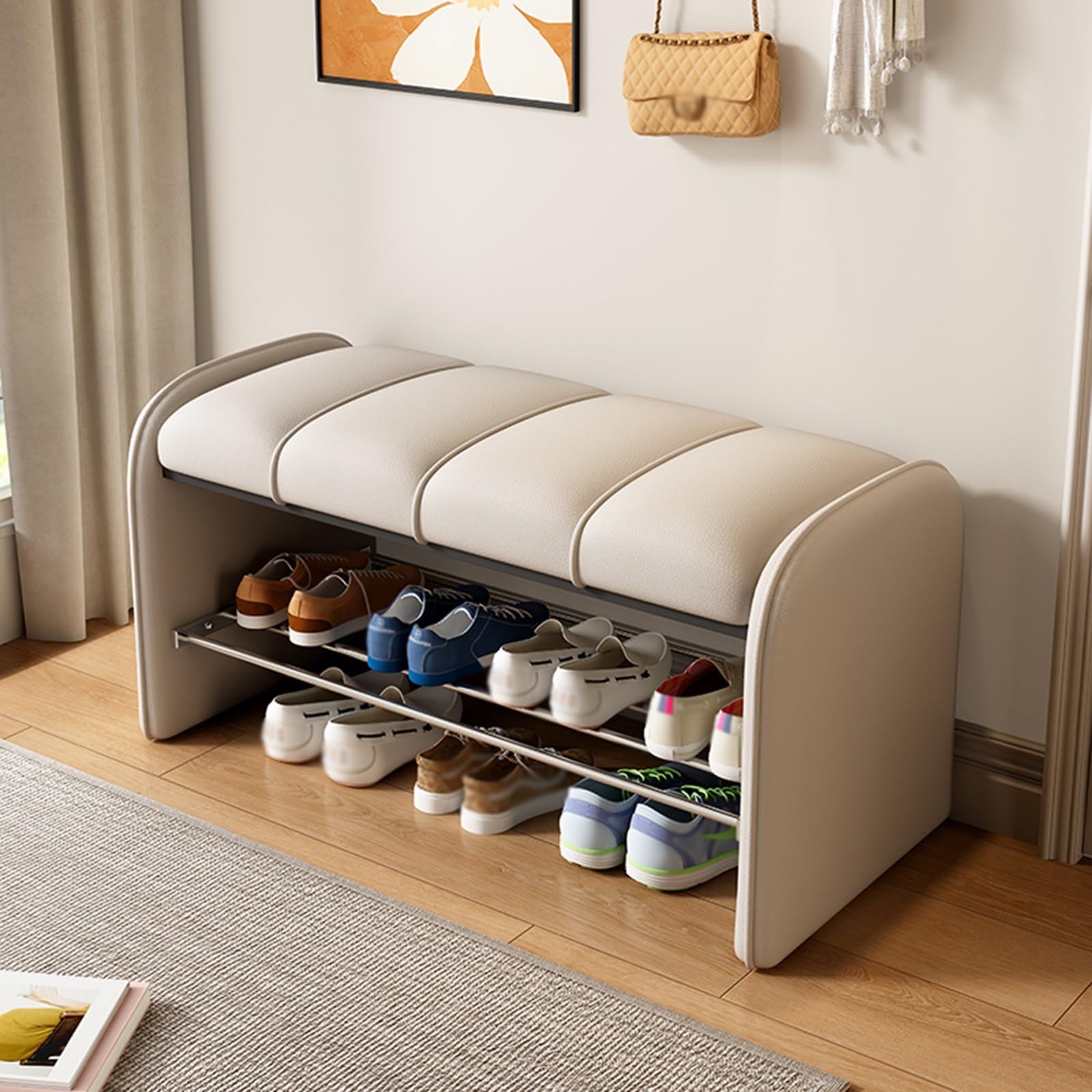 MSHGSKU Modern 2 Tier Shoe Bench with Cushion Stylish Leather Storage Ottoman Comfortable Footrest for Entryway Bedroom Living Room Hallway (White 80 * 37 * 45cm)