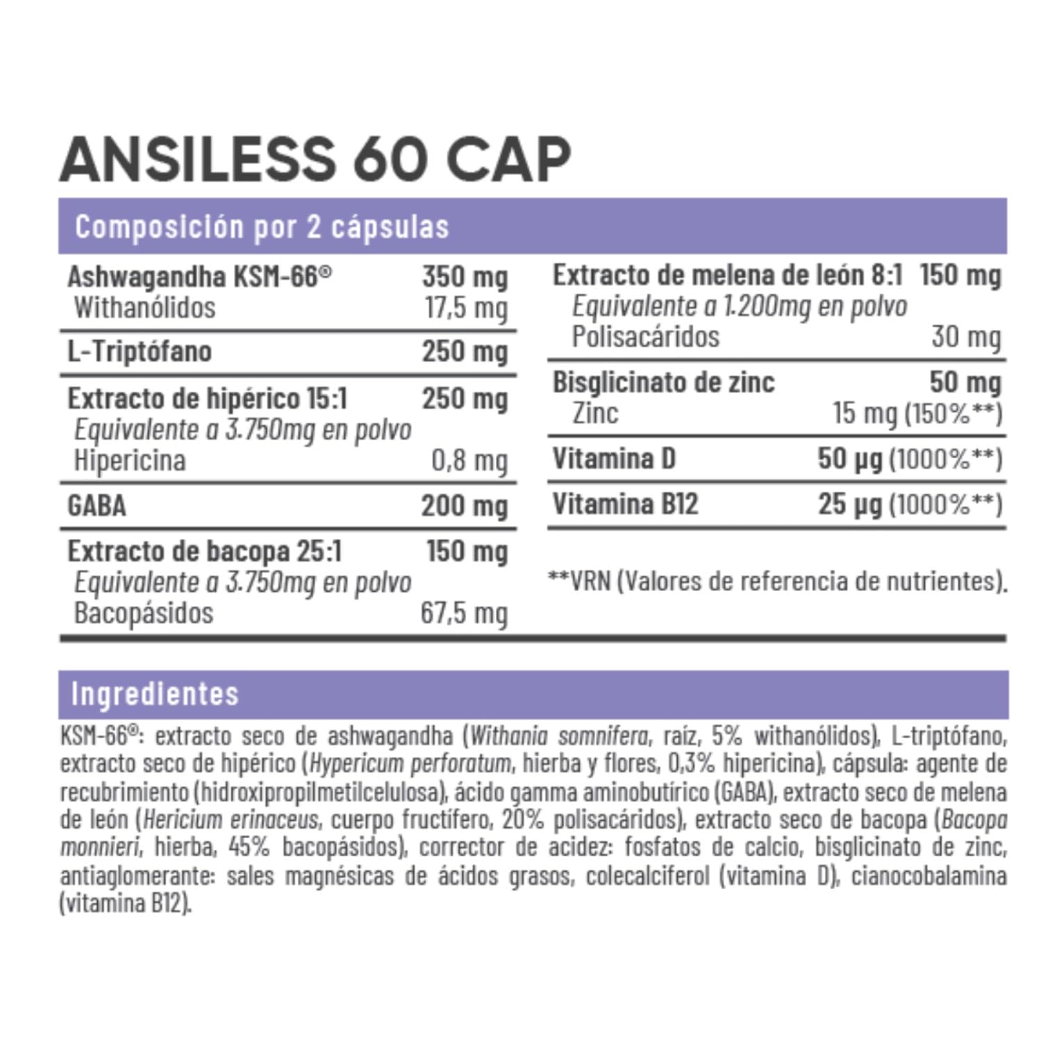 Ansiless 60 Cápsulas – Ashwagandha KSM-66® + Hipérico + GABA + Melena de León – Suplemento para Función Cognitiva, Estrés y Concentración Mental