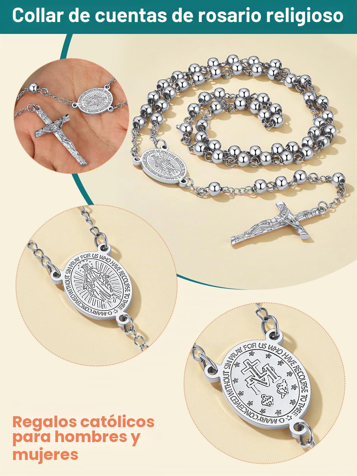 Supcare Collar Rosario Católico Hombre Mujer Collar Cristiano Acero Inoxidable 316L con Medallas Virgen María, San Cristóbal y San Miguel, Cadena Rosario para Rezo, Colgar en Coche y Uso Diario