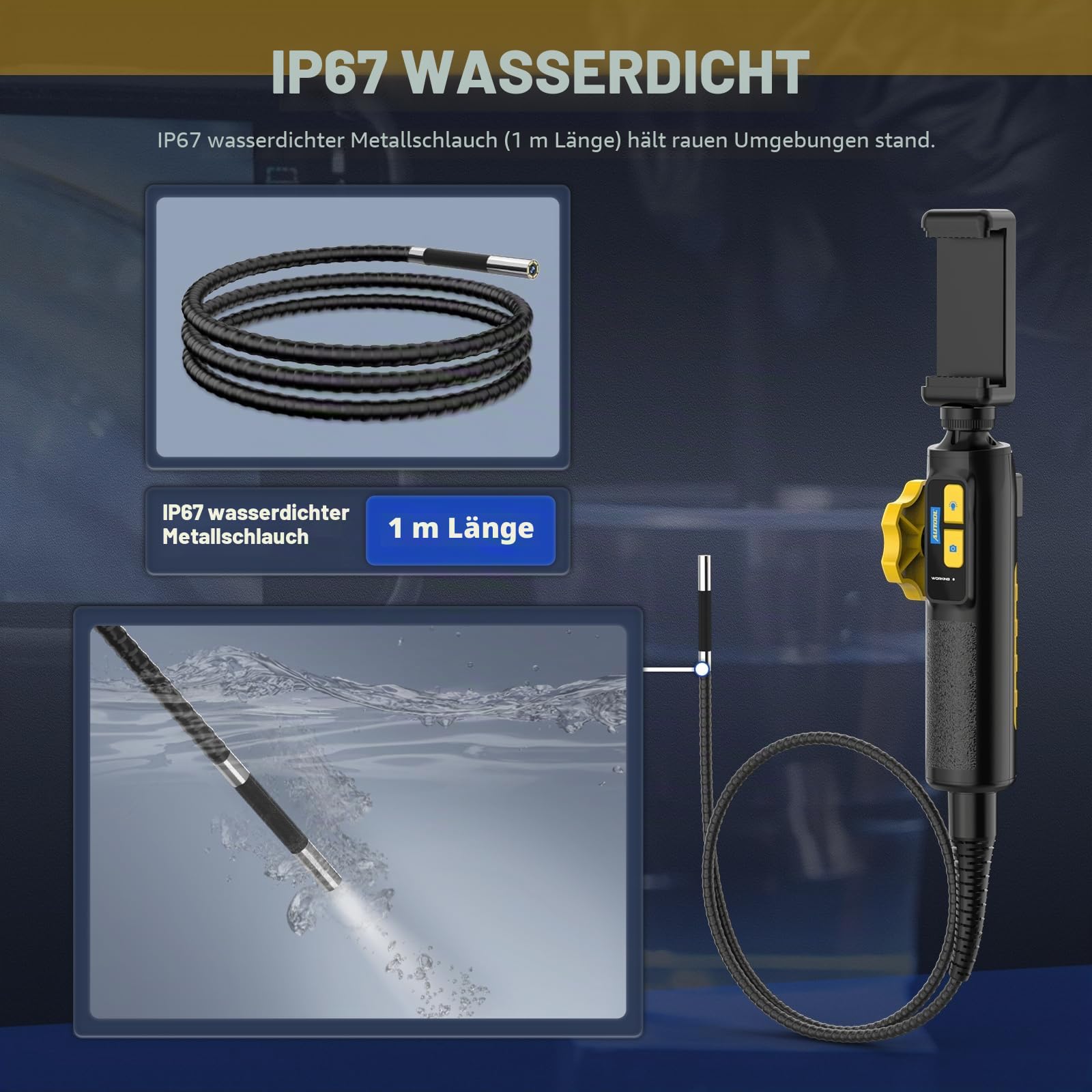 AUTOOL 210° Drehbar Endoskopkamera mit Licht, SVB302 Zwei-Wege-Gelenk-Endoskop, 0,6 cm Endoskop-Inspektionskamera, kompatibel mit Android und iOS Telefon, 100 cm halbstarres Kabel | Zwei-Wege-6-LED-Licht, HD-Video-Endoskop, kompatibel mit Android- und iOS