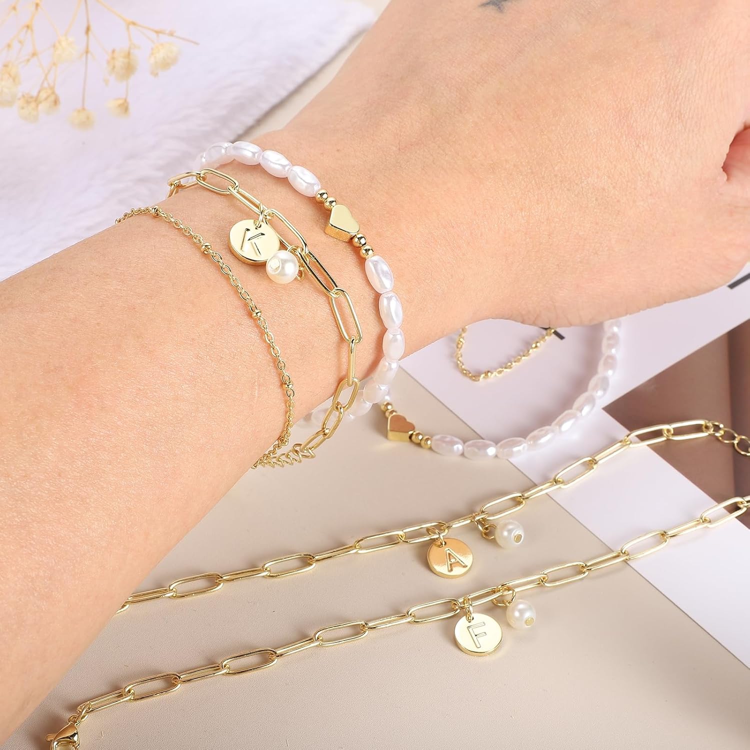 MECCANIXITY Initial Bracelets for Women, Layered Chain Link Stackable Initial Bracelet with Pearl Charm for Women Birthday Christmas - Image 4