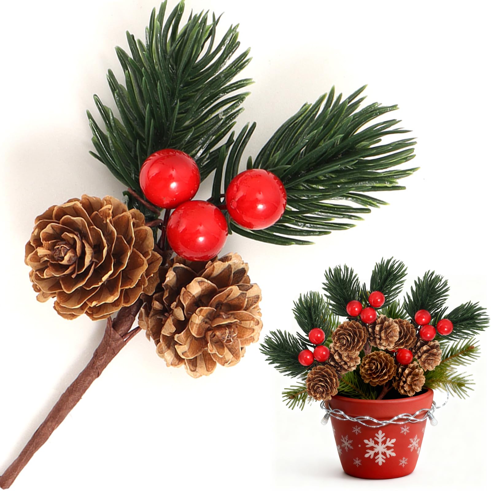 Pics de Noël et branches de pin avec baies rouges pour table de fête | Lot de 20