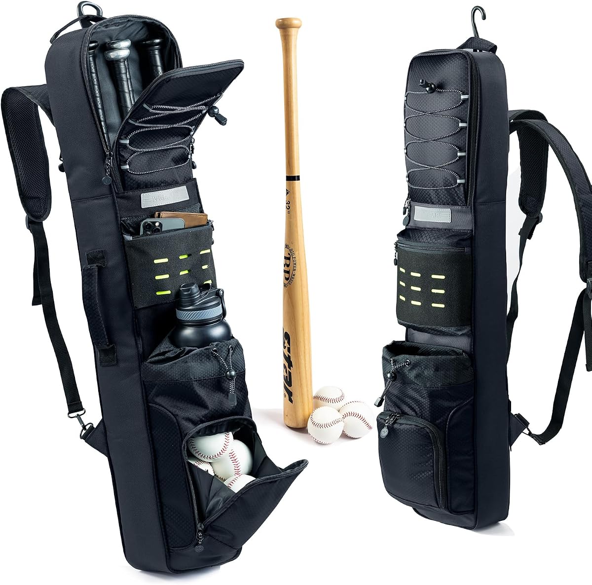 Rolling Baseball Bat Bag with Wheels, Large Capacity Gear Bag Holds 4 Bats, Reinforced Hard Base & Structured Back Panel, Top & Bottom Grab Handles, Shoe & Helmet Compartments for Youth &Adult Players