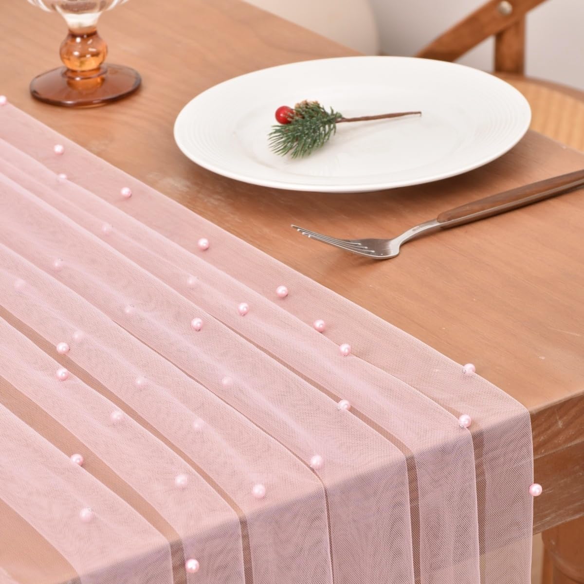 Joanlody Pearl Table Runner Easter 10ft Rustic Boho Spring Summer Tulle Runner with Pearls for Baby Shower Wedding Party Veil Dessert Table Decor Pink
