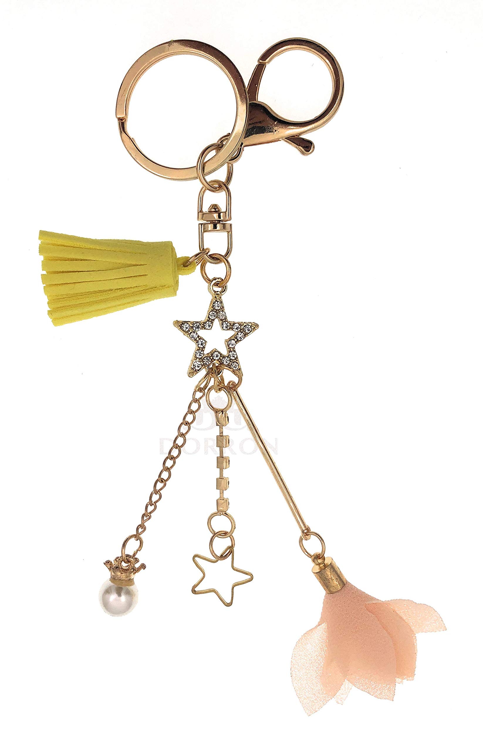 DORRON iAccessories Tassel Chiffon Flower Key Ring Keychain - Fashionable Accessory for Girls' Bags, Scooters, Bikes, and Cars - Yellow