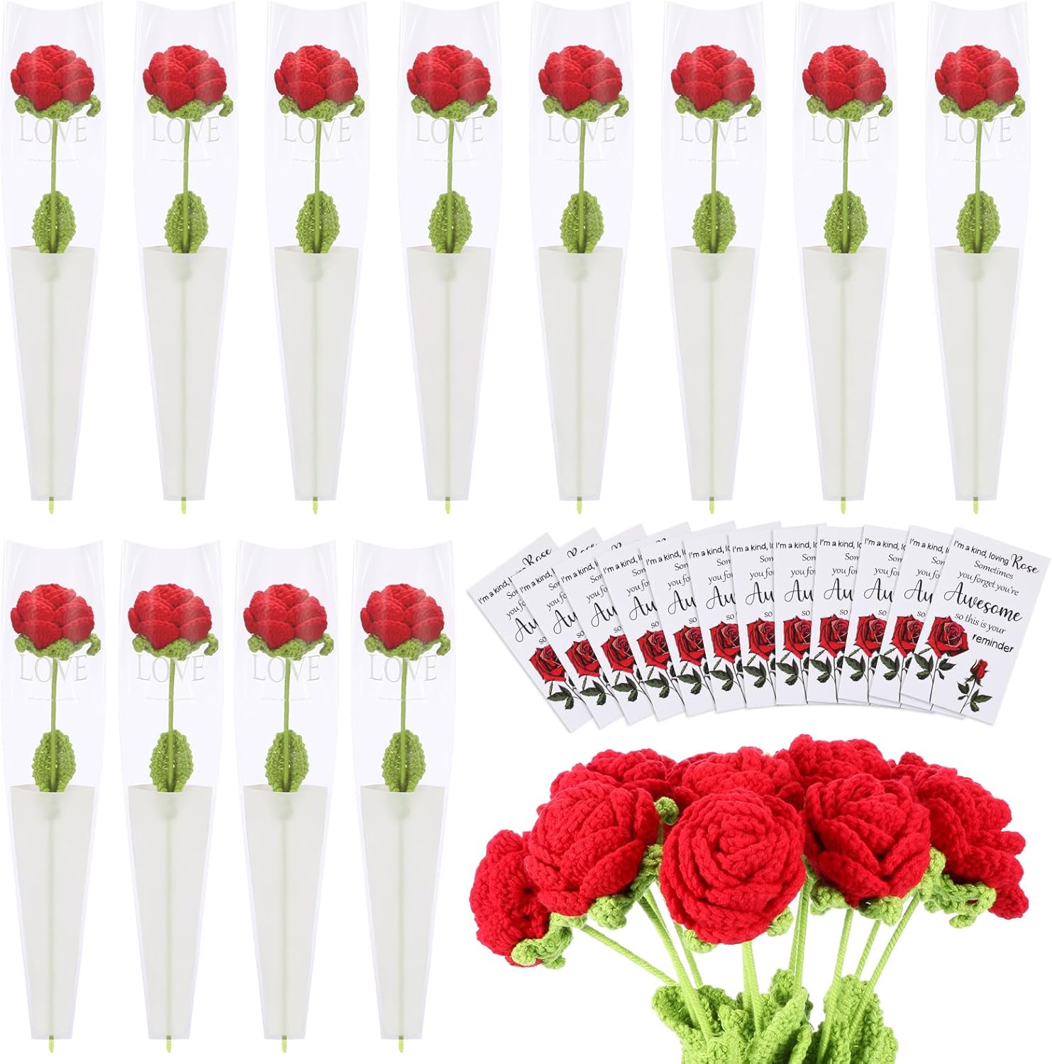 Riceshoot 12 Set Crochet Roses Teacher Employee Appreciation Gifts for Women Crochet Flowers Bulk with Cards Knitted Flower Bouquet for Girlfriend Mom OT Month Coworker Staff Volunteer Team