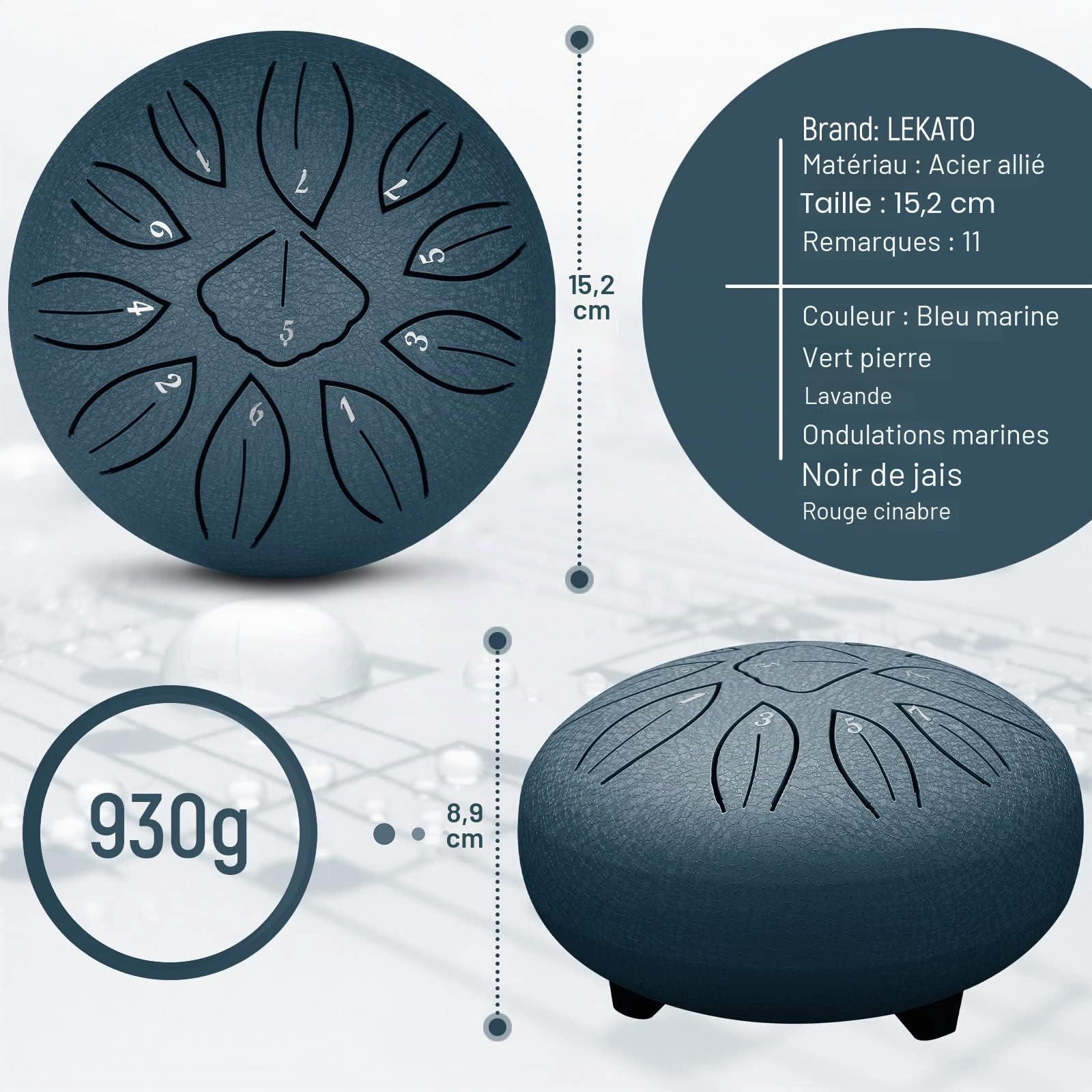 LEKATO Steel Tongue Drum, 6 Pouces 11 Tons en C Majeur, Tambour Handpan avec Sac pour Tambour à Langue, Mini Tambour à Main Pour Méditation/Yoga/Education Musicale, Bleu Marine