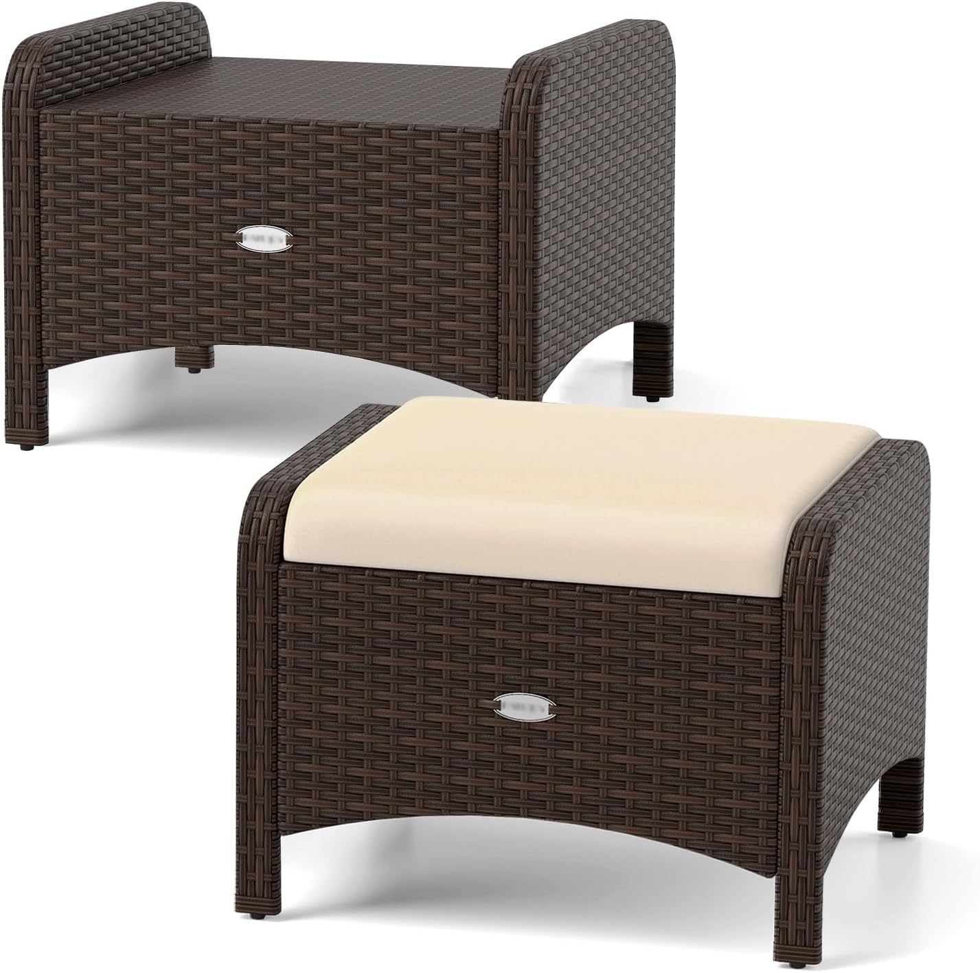 HAPPYGRILL 2 Pieces Patio Wicker Ottomans Set with Removable Cushions, Multifunctional Outdoor Rattan Footstools Footrest Side Table for Porch, Garden and Backyard (Navy)