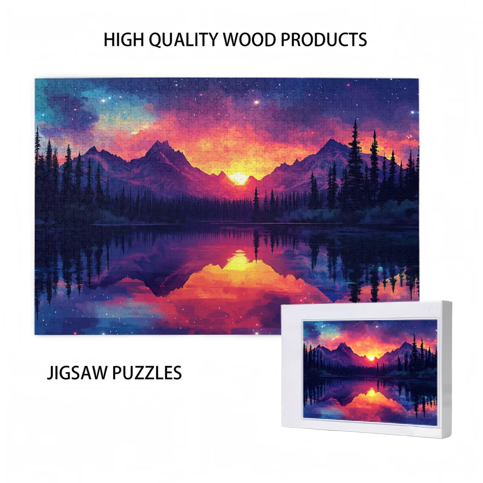 5000 sztuk puzzli dla dorosłych, kreatywne niemożliwe puzzle dla dorosłych początkujących, duża drewniana układanka z plakatem i pudełkiem do przechowywania, wystrój domu, motyw: zachód słońca i góry