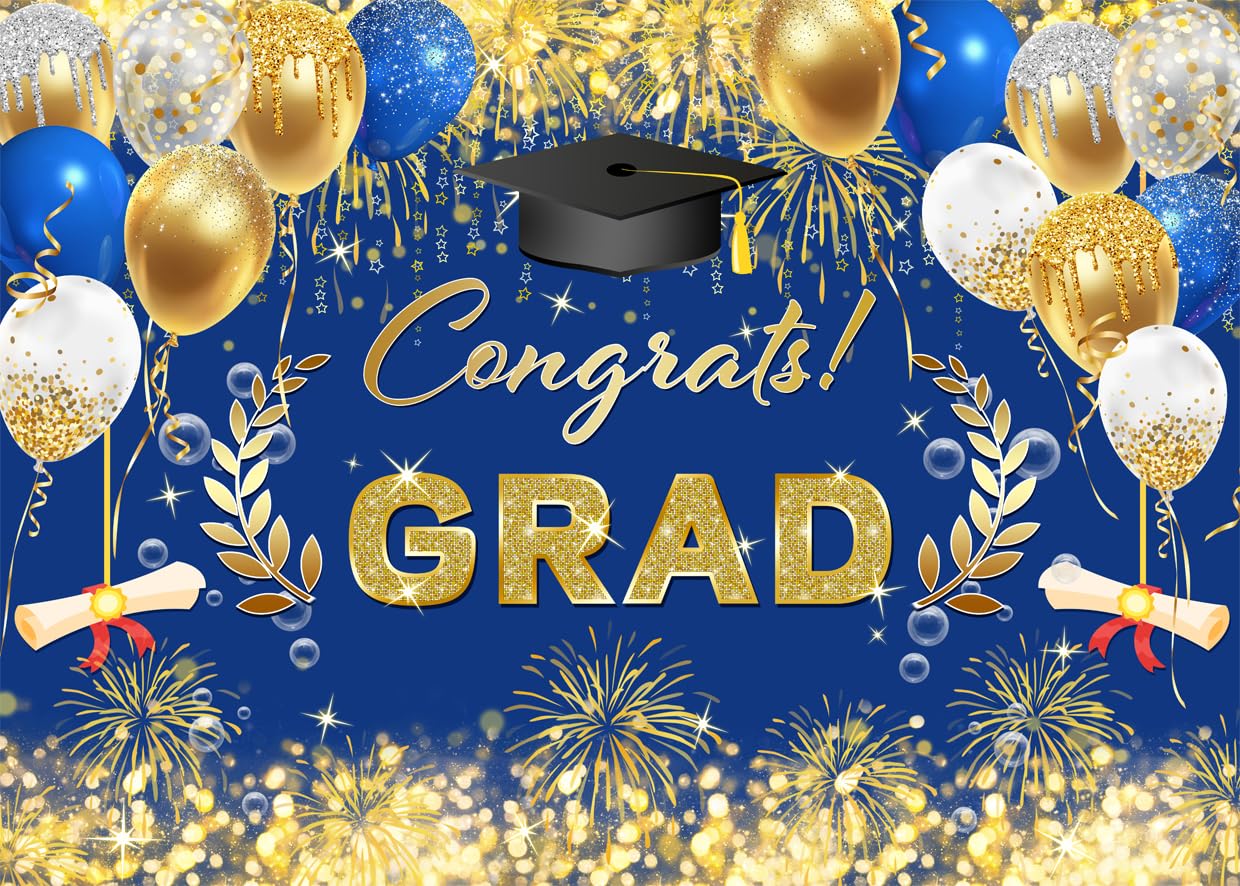 AIIKES 8x6FT Graduation Backdrop Cap Balloon Fireworks 2025 Grad Party Decorations Banner Congrats Backdrops Photo Back Drop 12-539