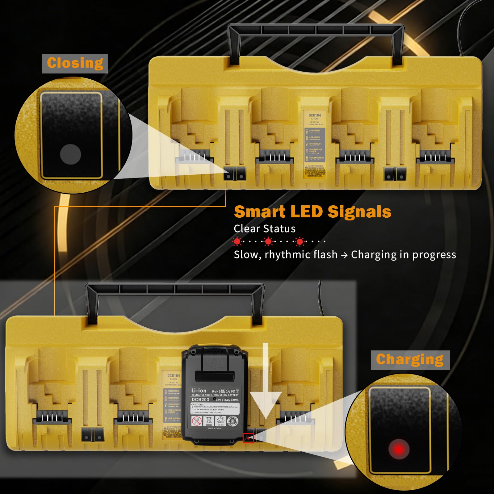 DCB104 stazione di ricarica per batterie multiple, caricabatterie rapido a 4 porte, compatibile con batterie DeWalt 12 V/20 V MAX, 60 V MAX Flex agli ioni di litio (DCB120, DCB203, DCB205, DCB206