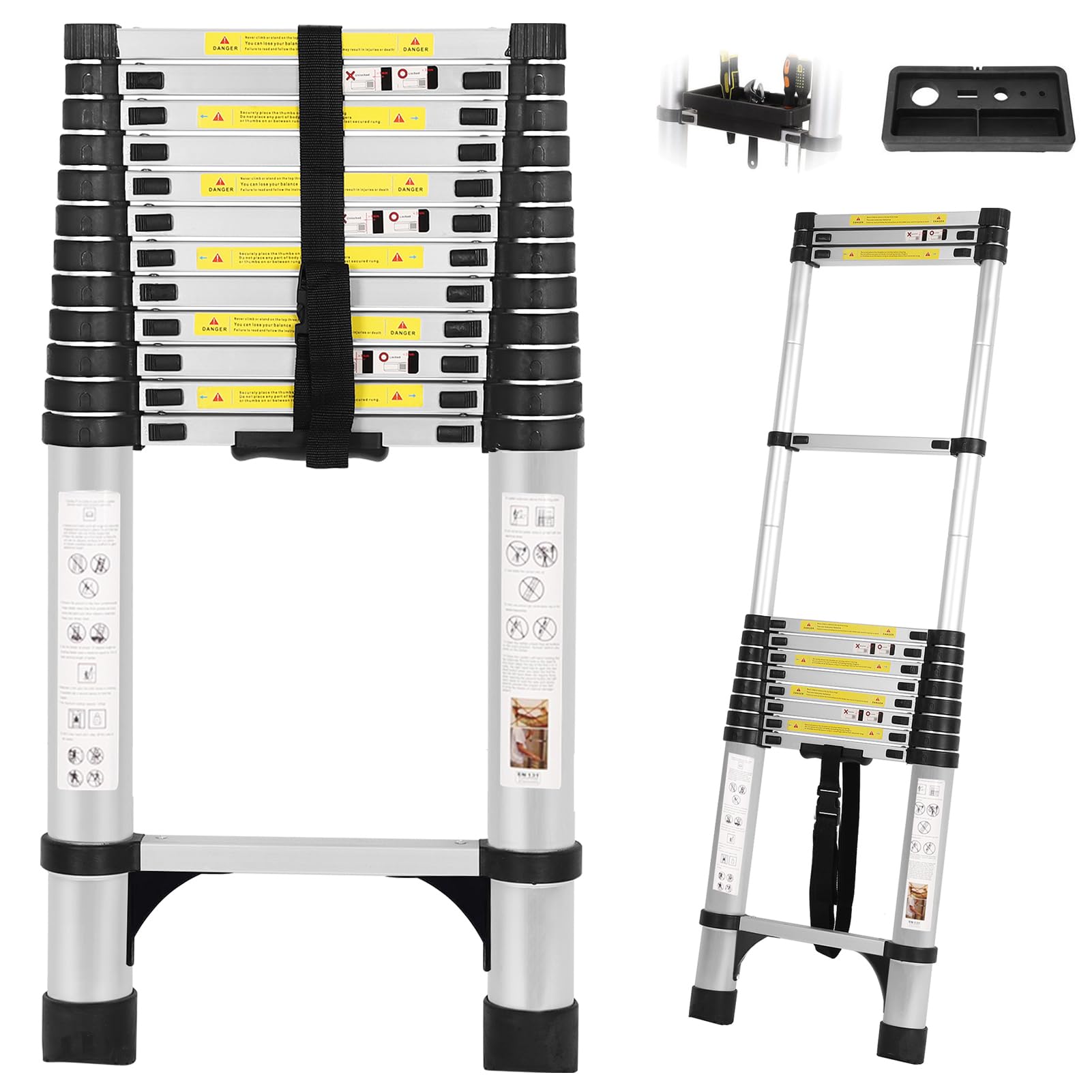 16.5FT Telescoping Ladder with Tool Tray, Extension Aluminum Folding Collapsible Ladder, Telescopic Ladders Foldable Extendable Ladder for Home Homeuse RV Attic Roof