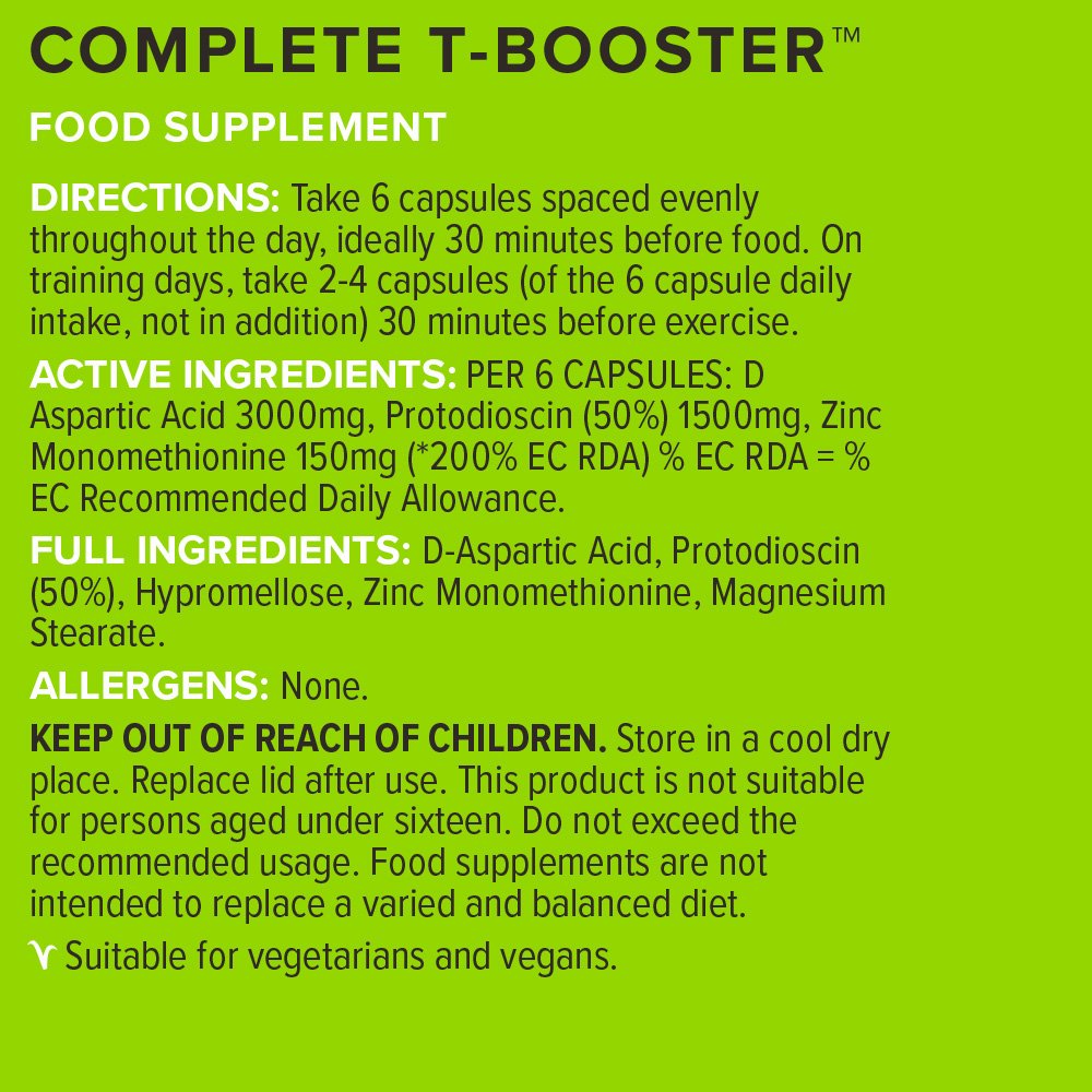 Bulk Complete T-Booster, potenciador de testosterona, Suplemento de testosterona, Ácido D-Aspártico, Tribulus Terrestris, Zinc, 180 Cápsulas, 30 Dosis