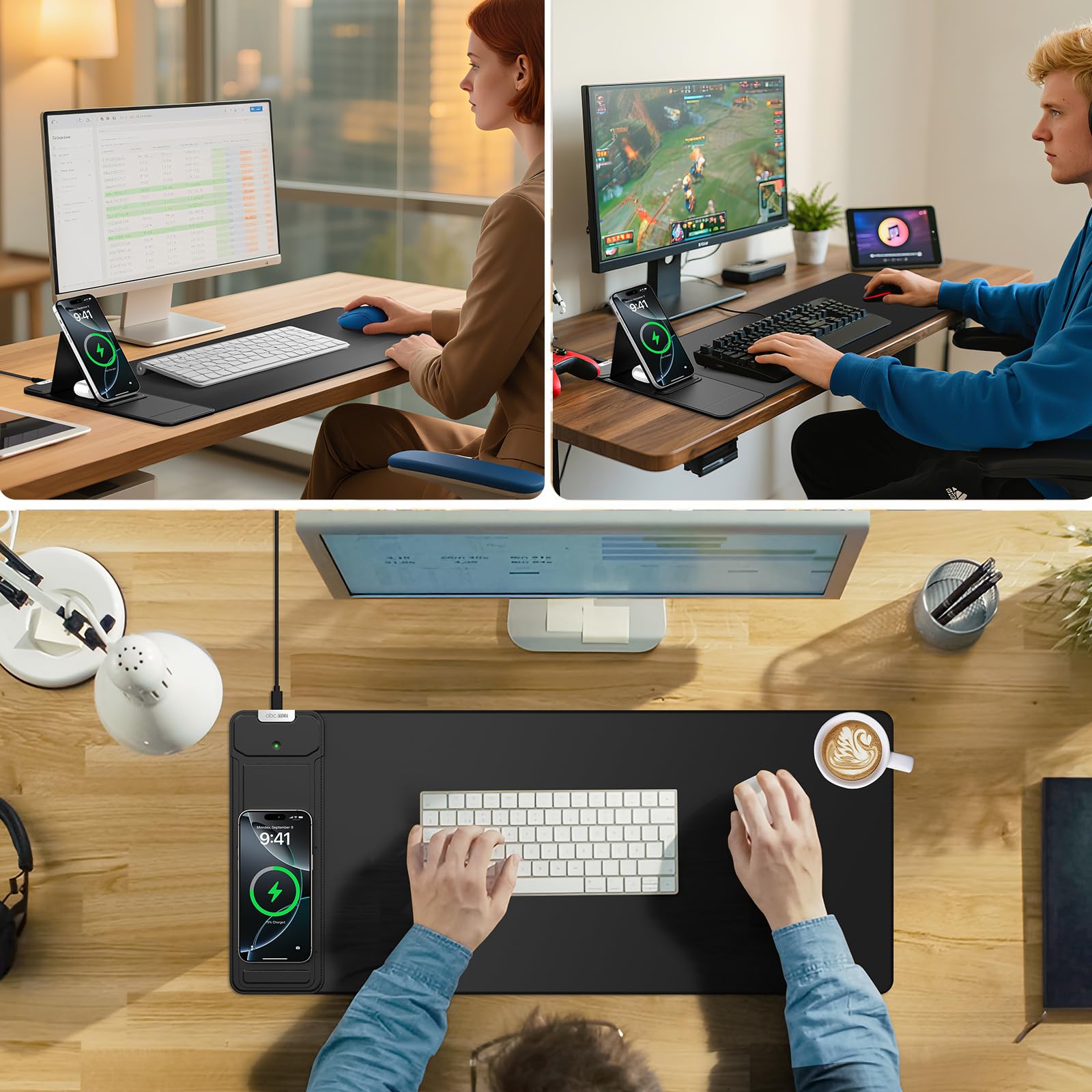 Tappetino per mouse di ricarica wireless con supporto pieghevole per telefono, 69,8 x 30 cm, grande tappetino da scrivania per laptop/tastiera, superficie ultra liscia, base antiscivolo, nero