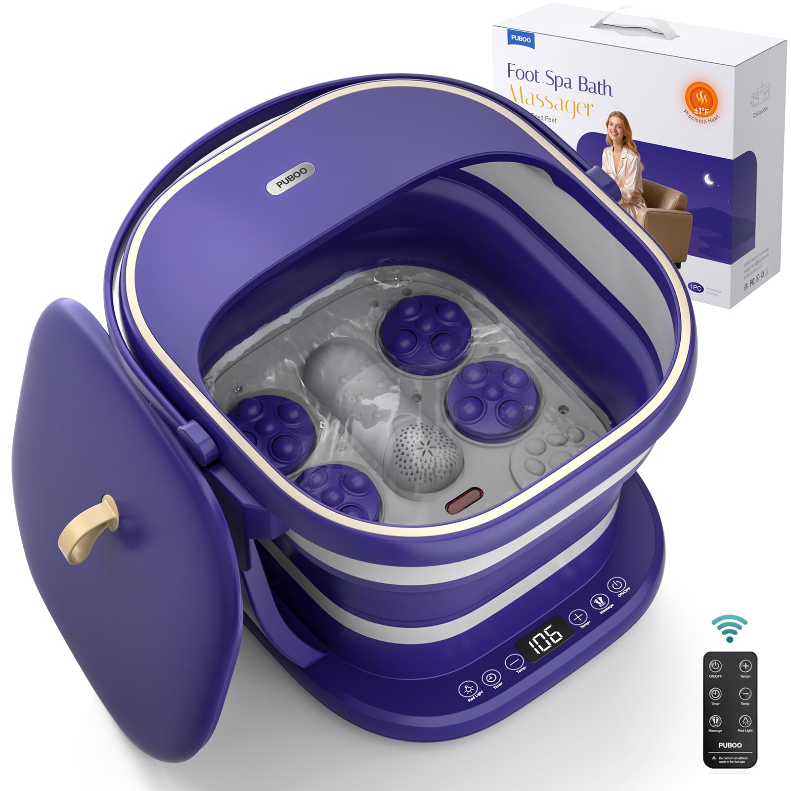 Puboo Collapsible Foot Spa Bath Massager with Heat, 95-115°F Precise Temp Control, Motorized Massage Rollers & Acupressure, Heated Foot Bath Soak Tub, Fits US Men’s Size 11, Gift for Christmas