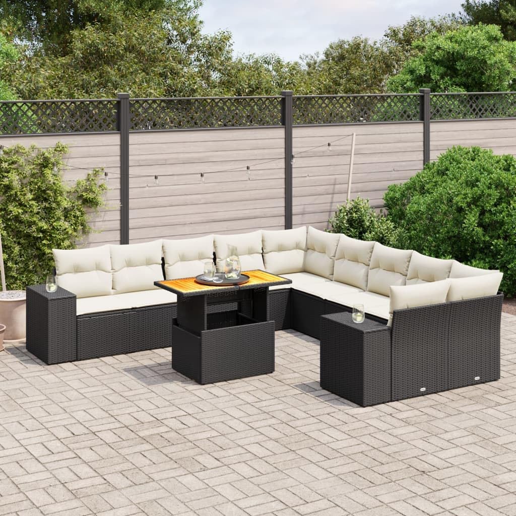 11 Piece Garden Sofa Set in Black and Cream White, Modular Outdoor Furniture with Weather-Resistant PE Rattan and Acacia Wood Frame, Comfortable