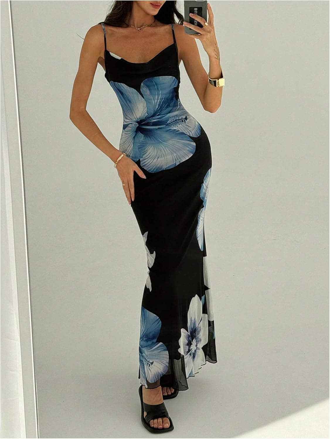 WDIRARA Women's Floral Print Bodycon Cami Dress Draped V Neck Sleeveless Long Dress - Image 3