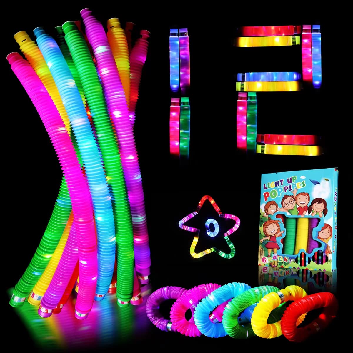 MUSUNFELight Up Pop Tube Sensory Toys Pull Stretch Toys Glow Sticks Party Favors for Kids Glow in The Dark Party Supplies Birthday Goodie Bag Stuffers