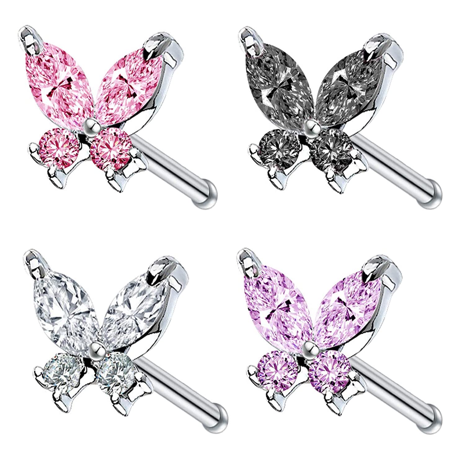 CHARM ONLINECZ Butterfly Flower Top L Bend Stud Nose Ring 20G L Shaped Nose Studs Nose Hoop Rings Nose Body Piercing for Women Mens