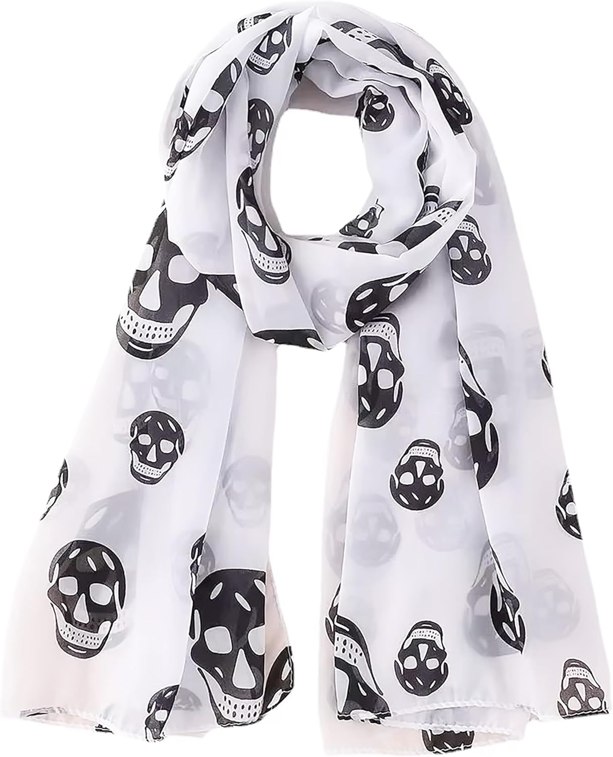 Mazeology Skull Scarf Soft Silky Poly Chiffon 55” Long Scarf Gothic Black and White Gothic Punk Accessory 18” Wide, Pirate Bandana for Women & Men