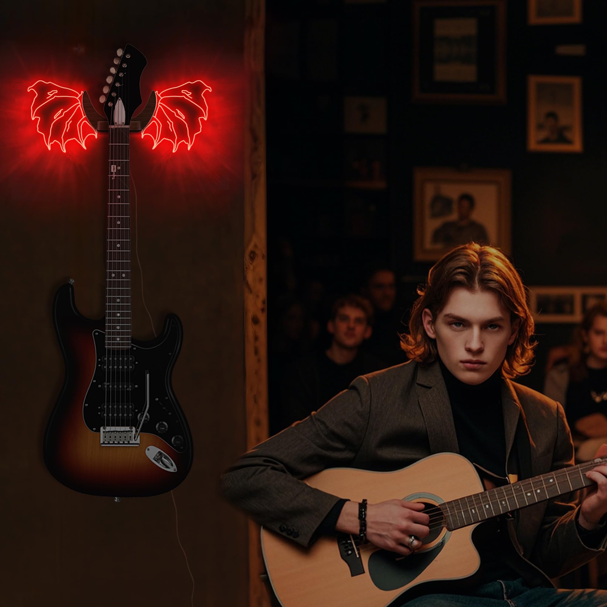 CoolGift Mart Guitar Stand Wall Mount with Luminous Devil Wings, Acrylic Wooden Guitar Hanger Shelf with USB Powered - Image 2