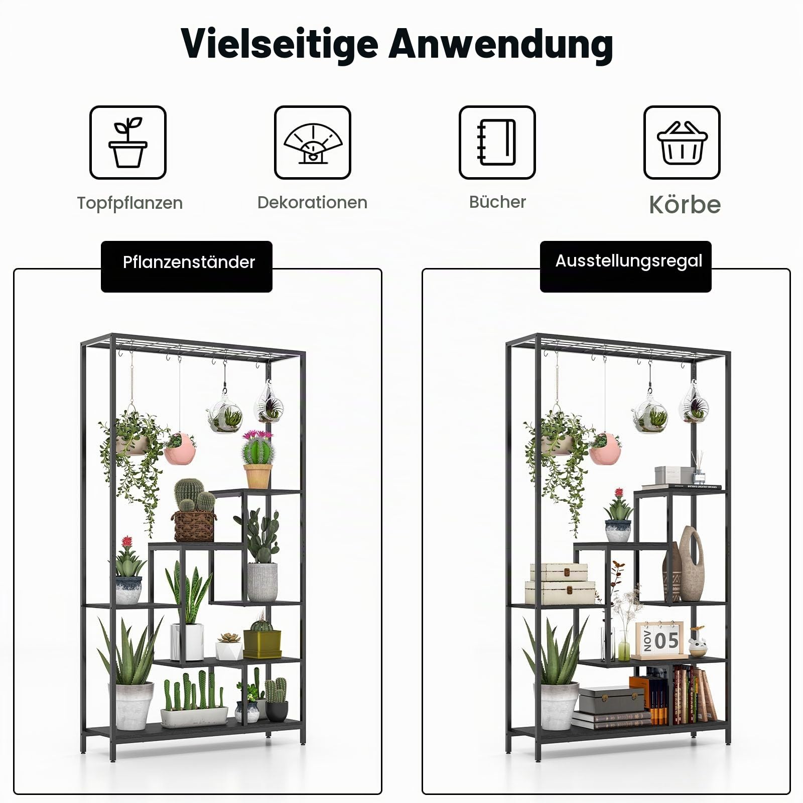 HOMASIS Pflanzenregal groß, Blumenregal mit 6 Etagen, Pflanzenständer mit 10 Haken & Gitter, Blumenständer aus Metall, Blumentreppen Mehrzweckregal für Wohnzimmer, Balkon, 100x30x180cm (Schwarz)