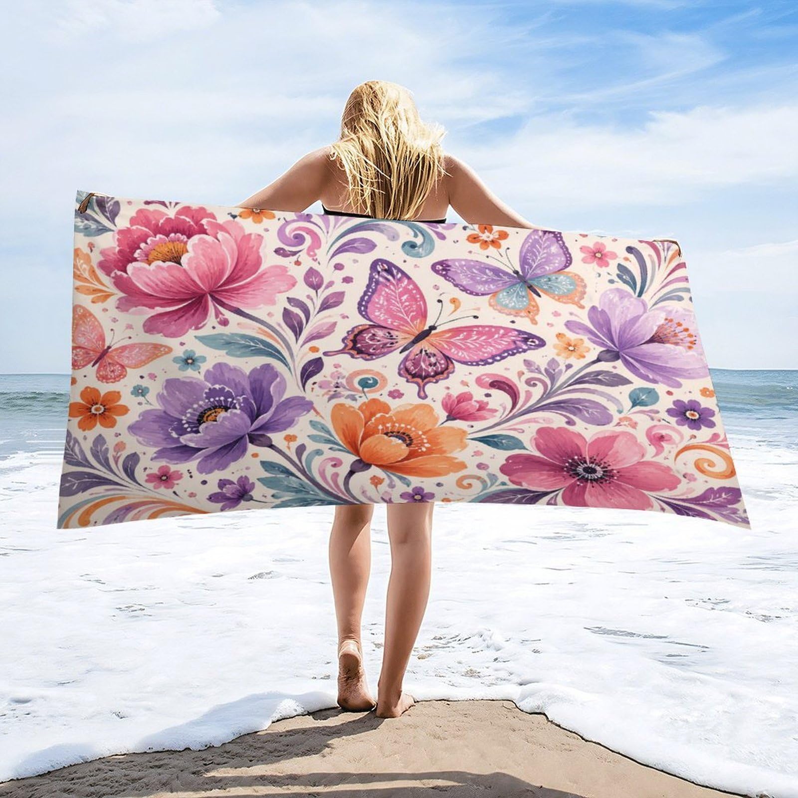Anceky Floral Butterflies Beach Towel 32"×63",Soft Microfiber Bath Towel Shawl, Quick Dry Absorbent Pool Spa Gym Shower Towel