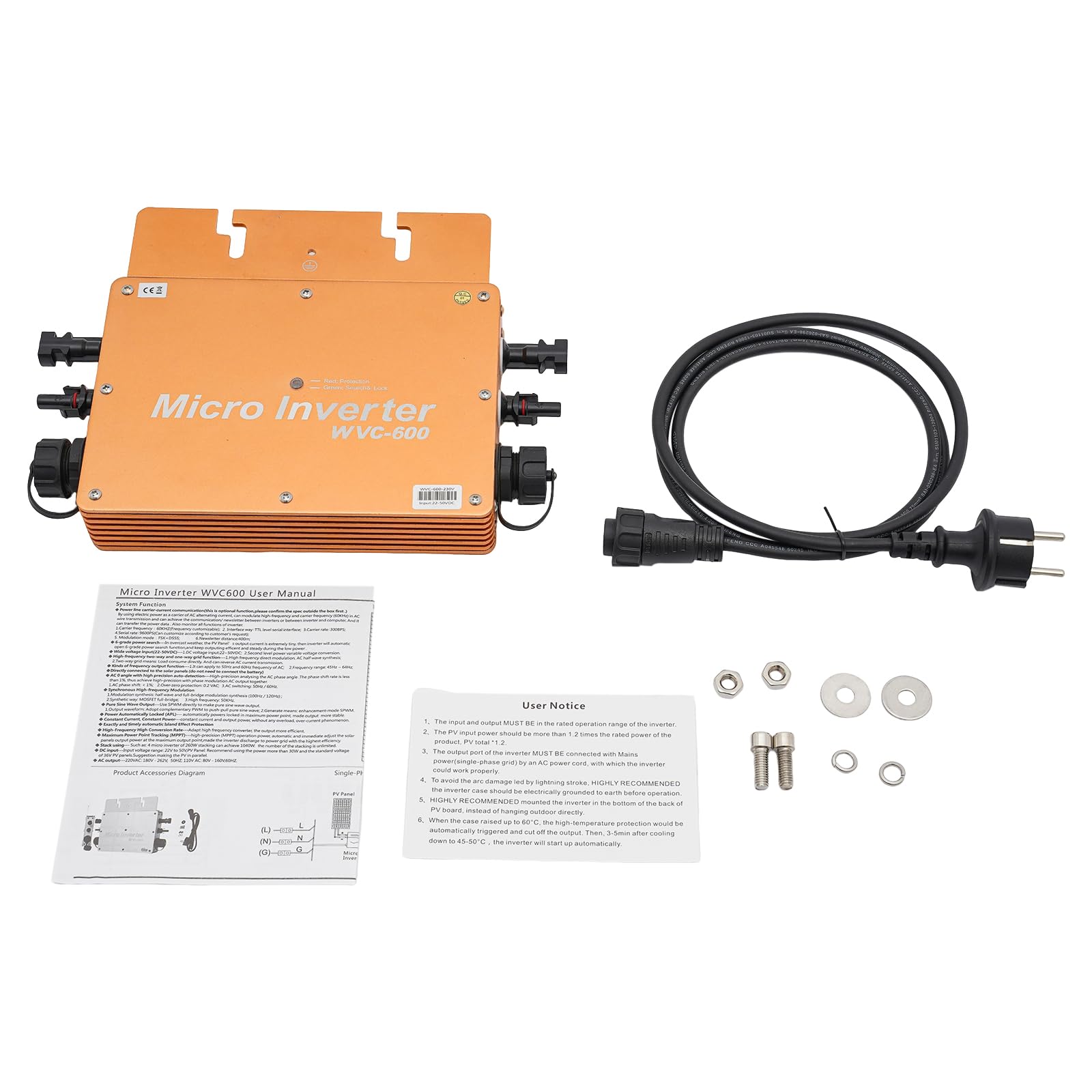 Solar-Wechselrichter WVC-600W Digital, 220V MPPT Grid Tie Micro-Inverter, Wasserdichter Grid-Connect für Solarpanel-Balkonkraftwerk, Golden