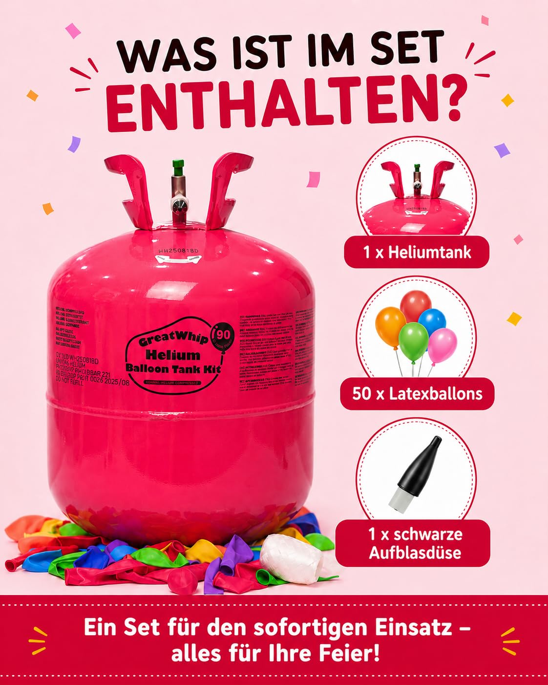 GreatWhip Ballongas für 90 Luftballons Helium Gasflasche 600 Liter (0,6m³) XXXL Einweg mit Füllventil, inkl. Kinderluftballons und Bänder, Hochzeit, Geburtstag, Firmenevent, Party | Einwegflasche mit Füllventil, inkl. Luftballons und Bänder; für Hochzeit,