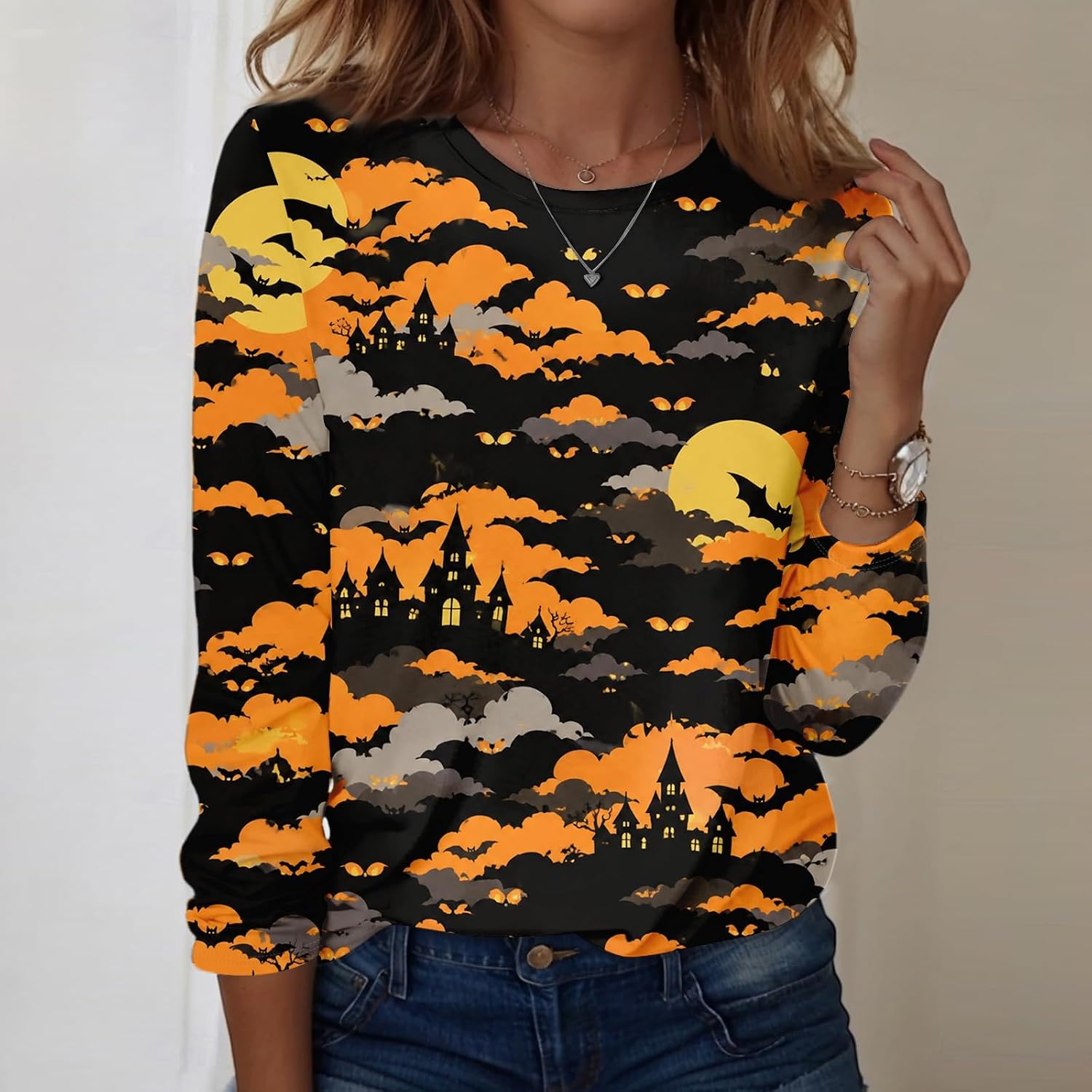 Women Halloween Fall Long Sleeve Crew Neck Graphic Shirts | Womens Spring Blouses And Tops Dressy, Women's Cotton Tshirt, Women's Long Sleeve Blouses, Fall Clothes For
