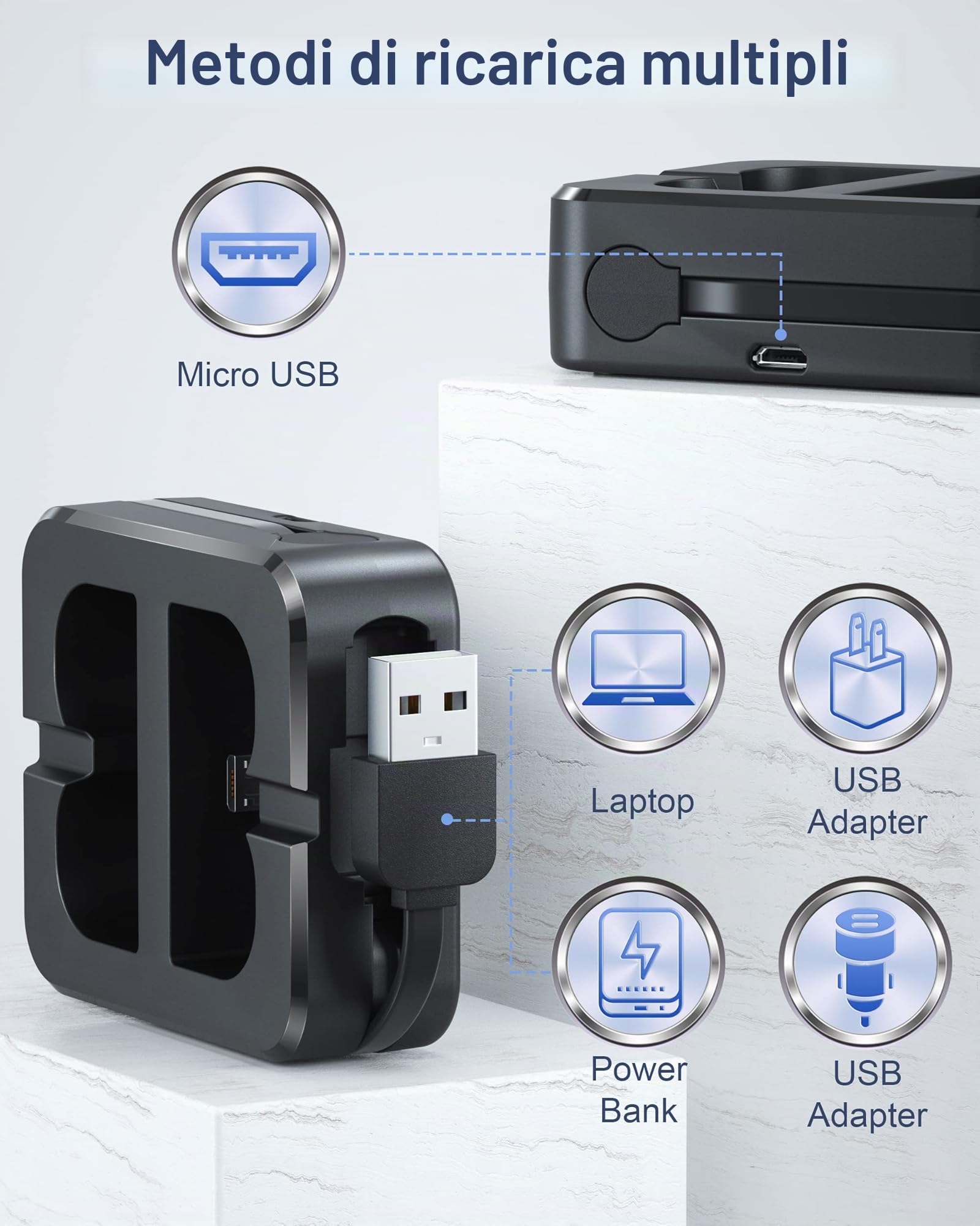 2 batterie e stazione di ricarica per Ring Video Doorbell, 3,65 V 6040 mAh, compatibile con Video Doorbell 2/3/3+/4, batteria Spotlight Cam, Stick Up Cam (generazione 2/3)