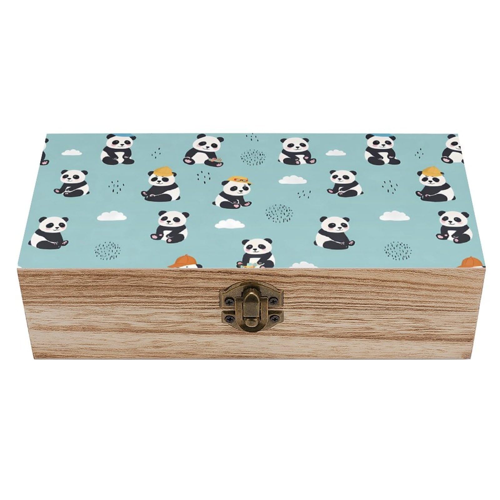 SMAZDFXX Cute Panda Blue Wooden Storage Box With Hinged Lid Decorative Front Clasp Keepsake Boxes