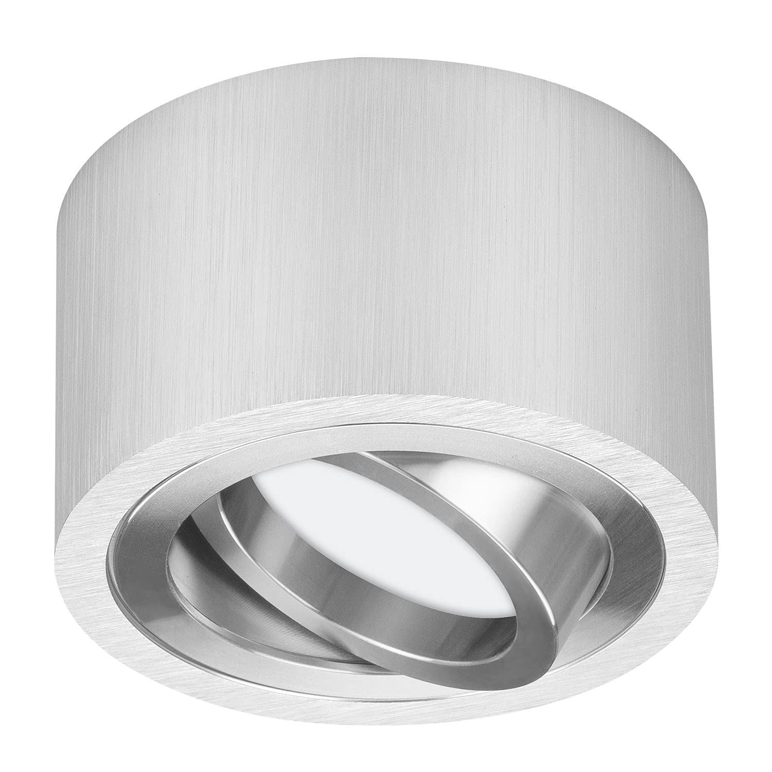 TEVEA Premium Deckenleuchte Aufbauspot Flach - Neutralweiß - Alu Gebürstet - LED Modul 230V 5W austauschbar - Deckenspot auch fürs Bad - mit Schutzklasse