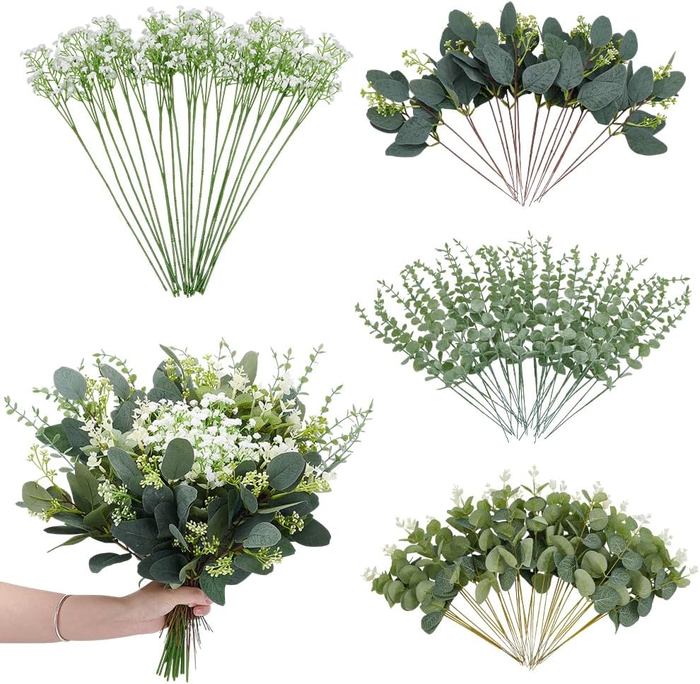 ORIGACH 120 Pcs Artificial Greenery Set Eucalyptus Leaves Stems and Baby's Breath Bouquet Bulk 3 Kinds Mixed Faux Greenery Branches Bundle for DIY Bouquets Wedding Vase Floral Arrangement Decor