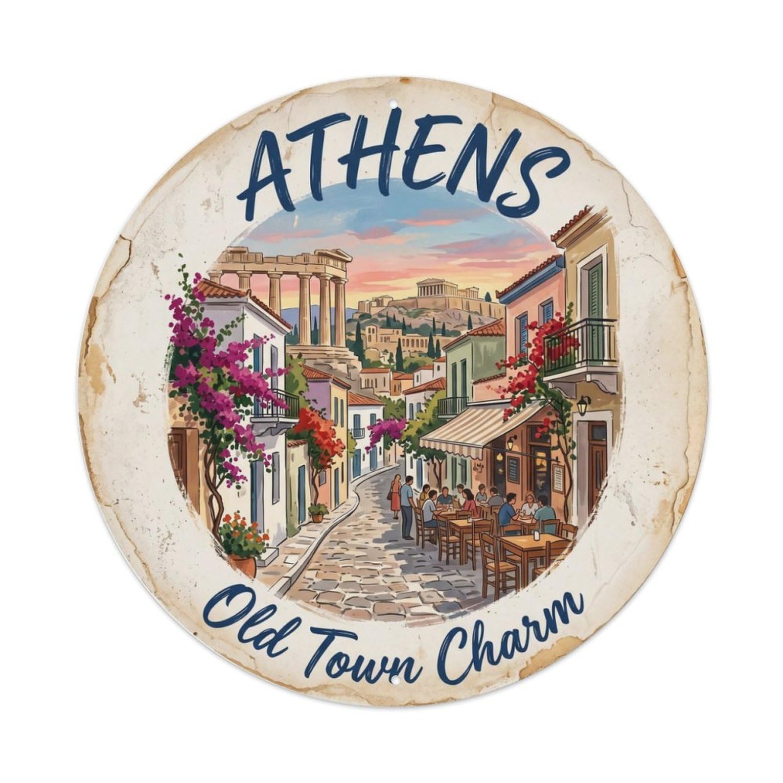 Vintage Travel Plaka Athens Greece Metal Tin Sign Plaque Wall Decor for Cafe, Club, Garden Round Metal Poster 8x8Inch