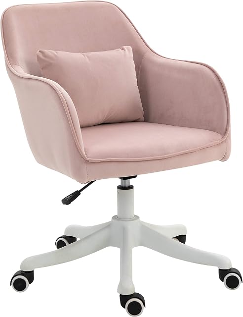 Vinsetto Velvet-Feel Tub Office Chair w/Massage Pillow Wheels Adjustable Height Ergonomic Padding Luxe Home Style Seat Pink