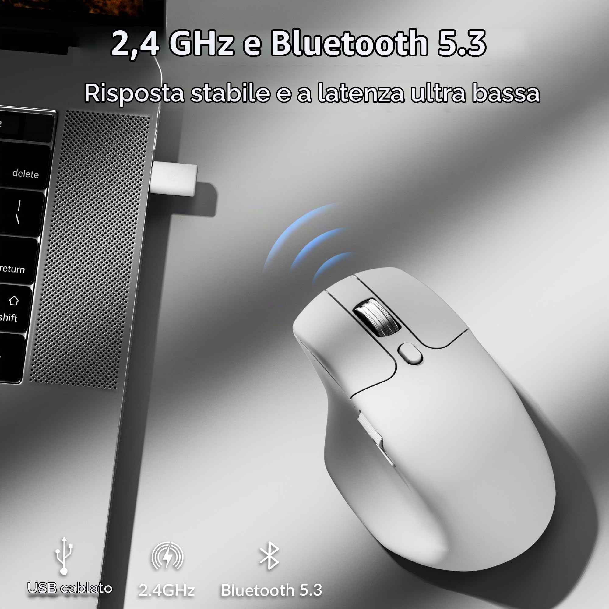 Keychron Mouse wireless M6 1K completamente silenzioso, 2,4 GHz/Bluetooth 5.1/Wired, sensore PixArt 3311, pulsanti programmabili, pulsante di scorrimento laterale, fino a 12.000 DPI/750 IPS leggero