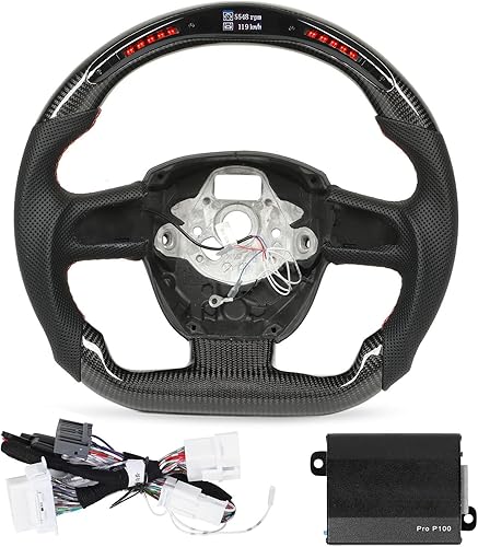 Miniatura 7 de Volante LED, repuesto para volante, costuras rojas brillantes, parte inferior plana de fibra de carbono para A4 A5 A6 A8