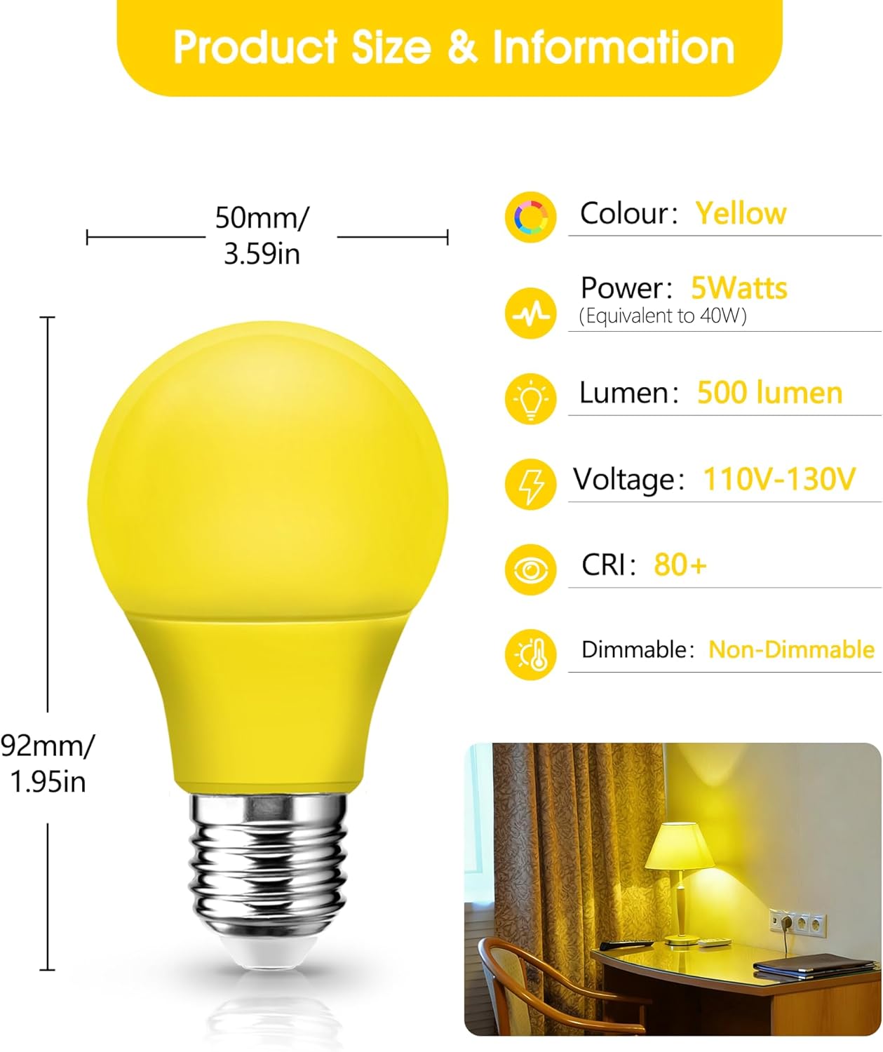 EvaStary LED Yellow Bug Light Bulbs Outdoor, 40W Equivalent A15 Amber Yellow LED Bulb, E26 Base 5W Bulbs for Outside, Bedroom, Sleep, Patio, Porch, Nursery, Party Decoration, Non-Dimmable, 4 Pack