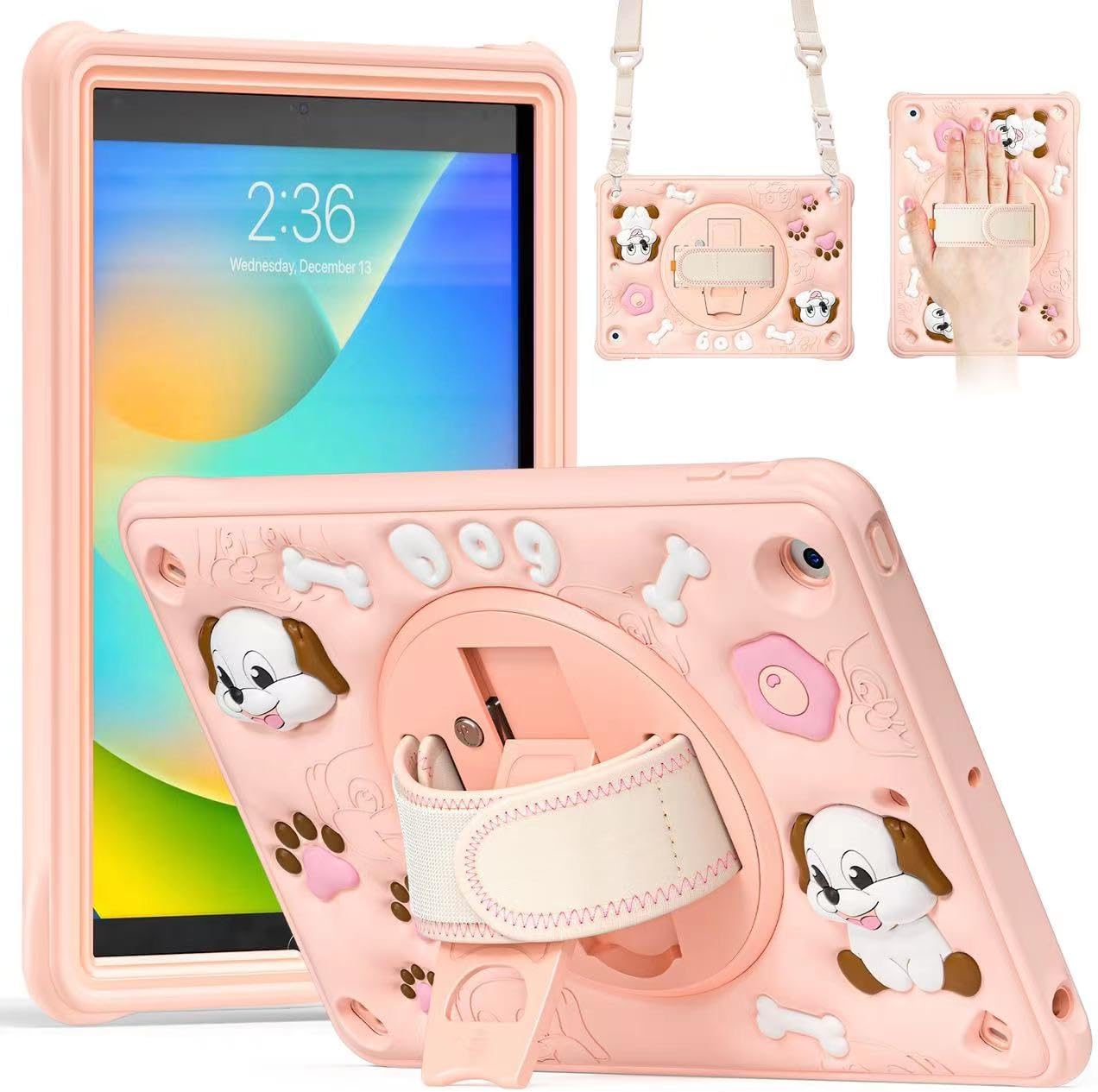 Shockproof Kids Case for iPad 10.2 2021/2020/2019 (9th/8th/7th Gen), Heavy Duty Dinosaur Design with 360° Rotating Hand Strap, Kickstand, Adjustable Shoulder Strap, Cute Protective Cover for Children
