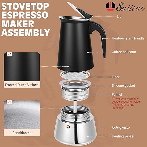 Miniatura 2 de Moka Pot, 4 tazas (7.1 onzas) para máquina de café expreso, olla moka de acero inoxidable 304, compatible con inducción, color negro