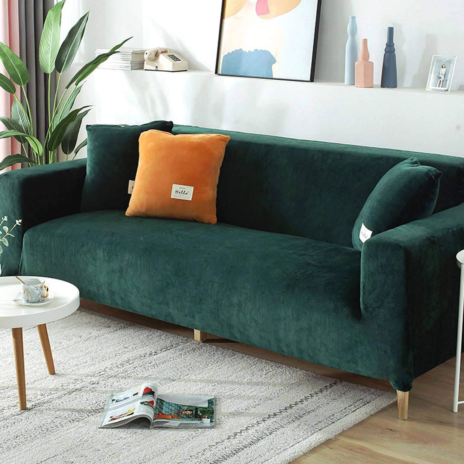 Samt-Sofabezug für 2-, 3-, 4-Sitzer, weicher Plüsch-Sofaschutz, Stretchbezug für Sofa und Armlehnen, wasserabweisend, Möbelschutz, Dunkelgrün, 3-Sitzer, 190-220 cm