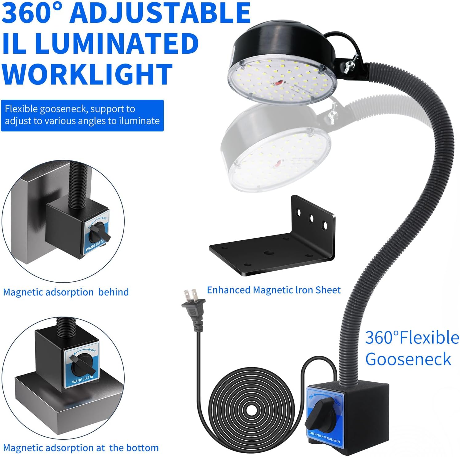 Magnetic Work Light, LED Machine Light, Gooseneck Work Lamp with Flexible and Magnetic Base, Shop Tool Lamp for Lathe,Work Bench,Sewing Machine,Bandsaw, Industrial Lighting, 2000Lumen,Black
