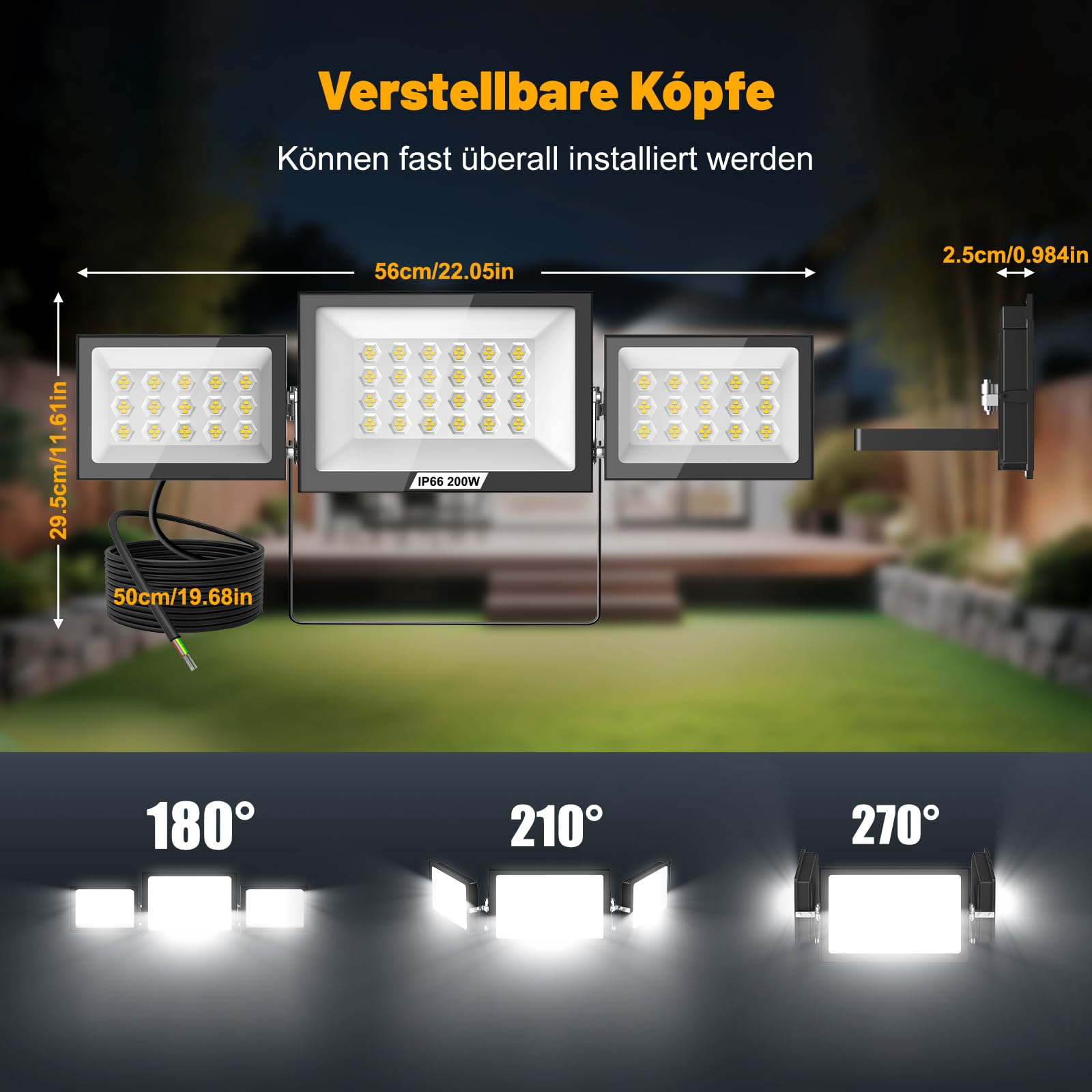 Lightasea 200W Security Lights Outdoor,LED Spot Light,20000LM LED Floodlight Outdoor,Outdoors Spotlight with Adjustable 3 Heads,IP66 Waterproof Outdoors Wall Light,for Courtyard Porch Garden Garage - Image 2