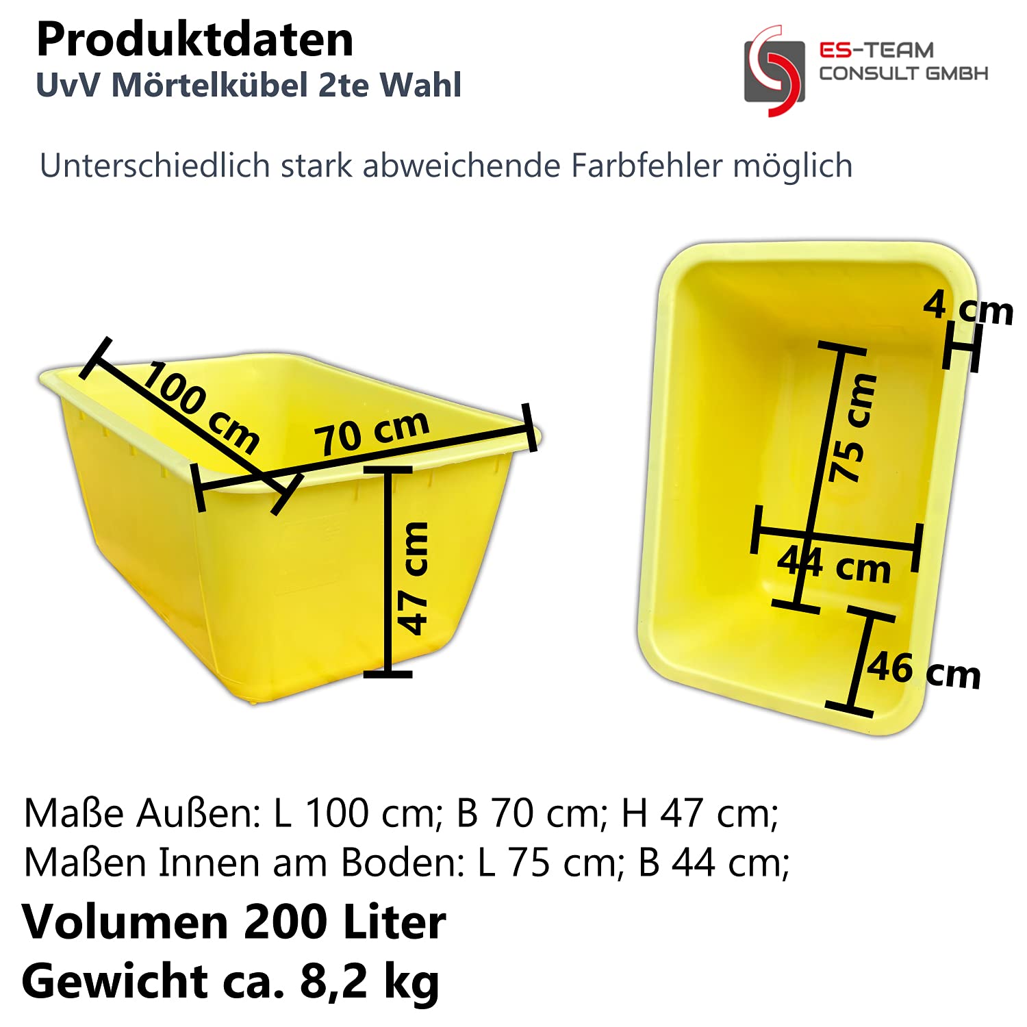 Mörtelkübel 2.Wahl gelb 200l Stahl-Schiene Mörtelwanne - Paletten Ware vom UvV-Shop - wahlweise mit oder ohne verzinkte Stahlverstärkung (Gelb ohne Stahlverstärkung, 10)