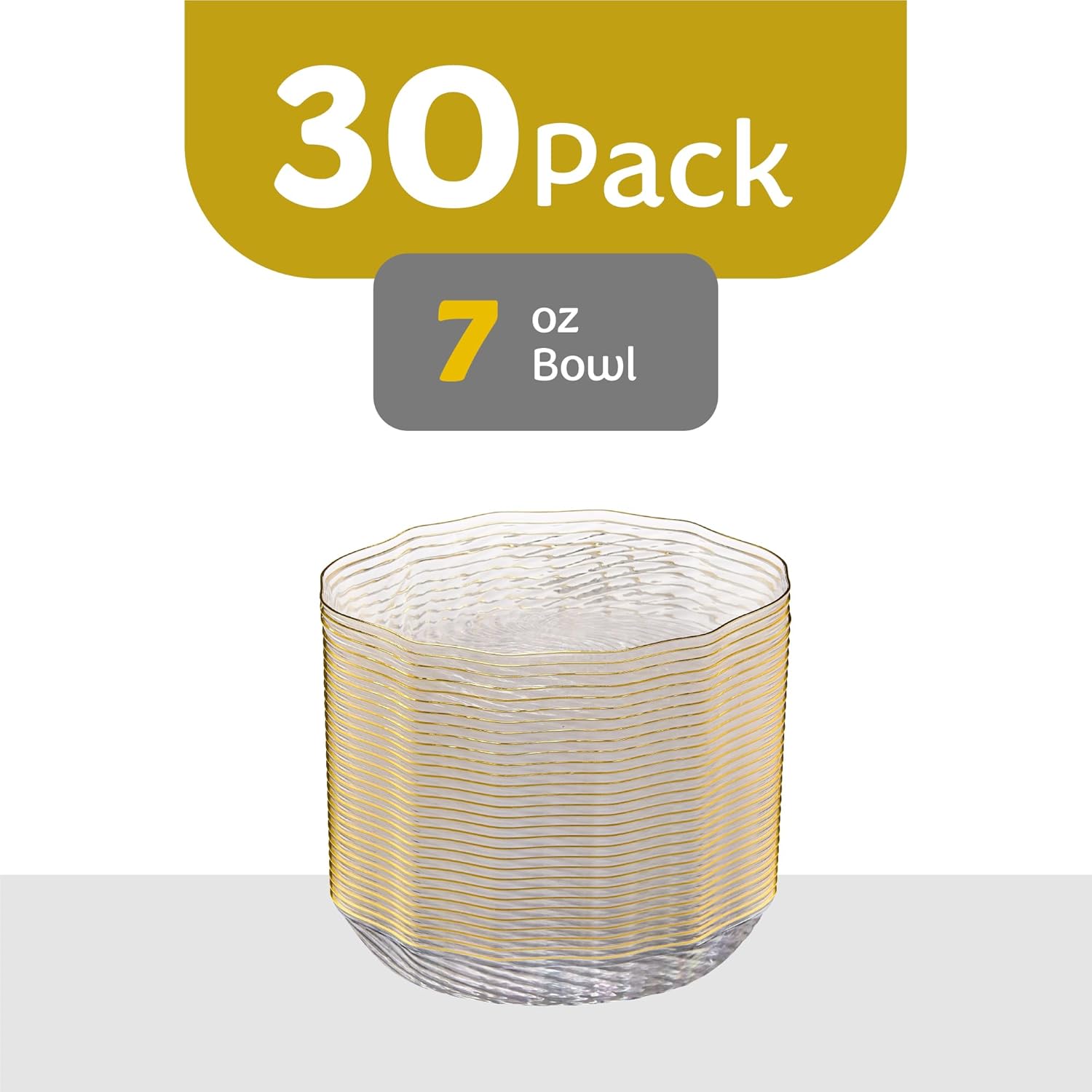 PLASTICPRO 30 Pack Elegant Plastic Plates 7 oz bowls Clear with Gold Rim Spiral Design Disposable Plastic Dinner Bowls - Image 6