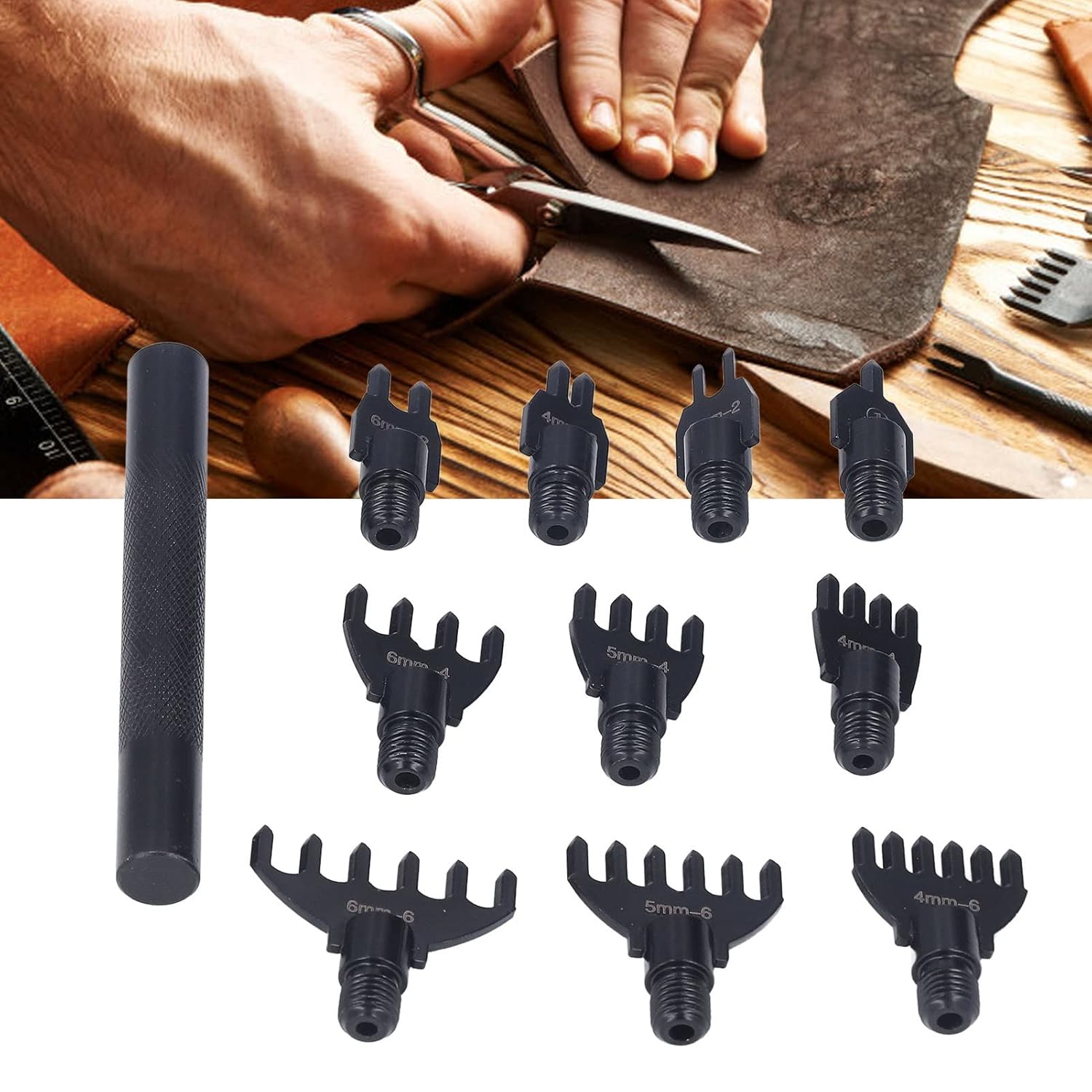Leather Stitch Punch Chisel Set (4/5/6mm) - 1/2/4/6 Claw Tooth Interchangeable Heads, High-Carbon Steel, Precise Spacing for DIY Leather Craft, Sewing & Repair
