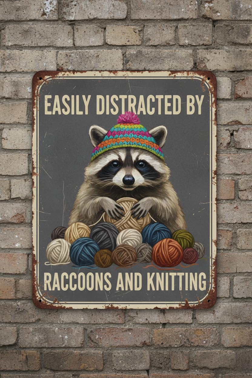 Easily Distracted By Raccoons And Knitting Tin Sign, 8x12 Inch